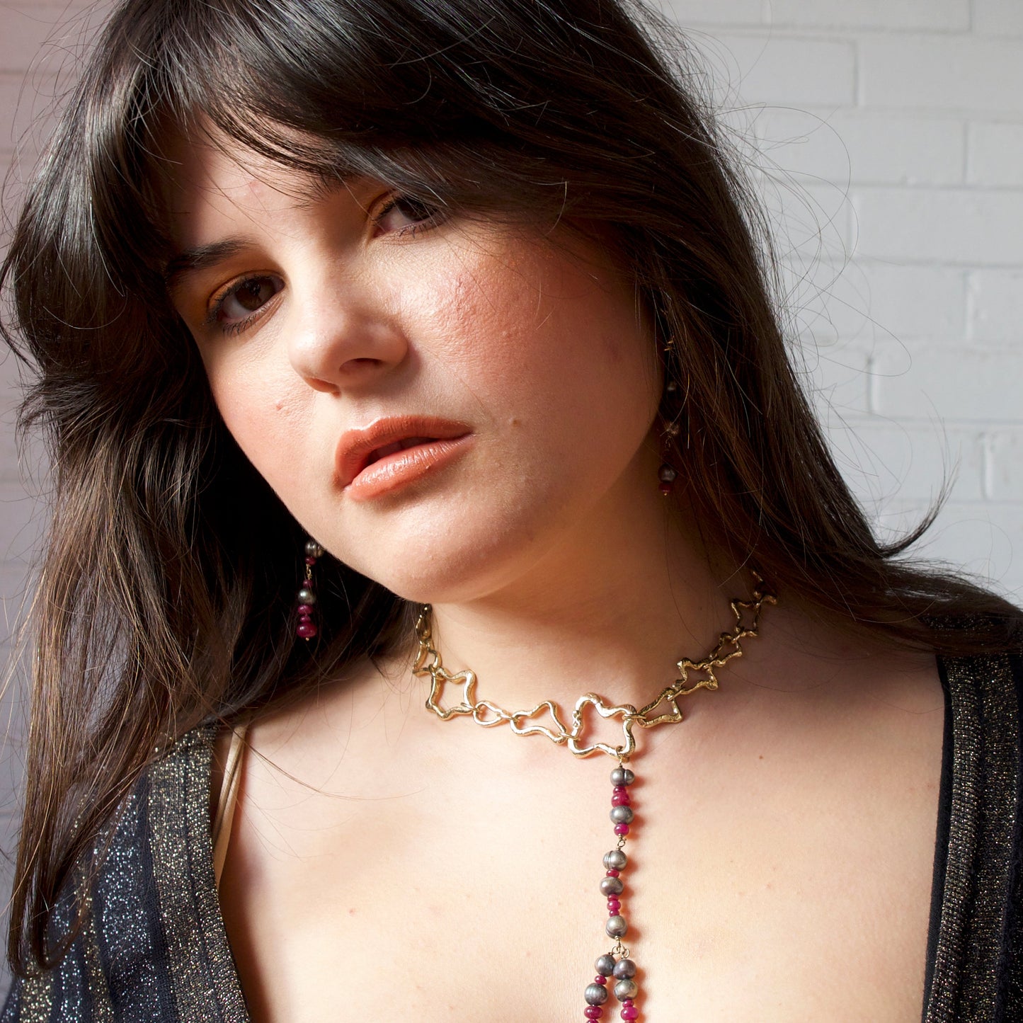 One Of A Kind 'Atomic' Hoops with Ruby and Tahitian Pearl Drop
