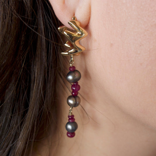 One Of A Kind 'Atomic' Hoops with Ruby and Tahitian Pearl Drop